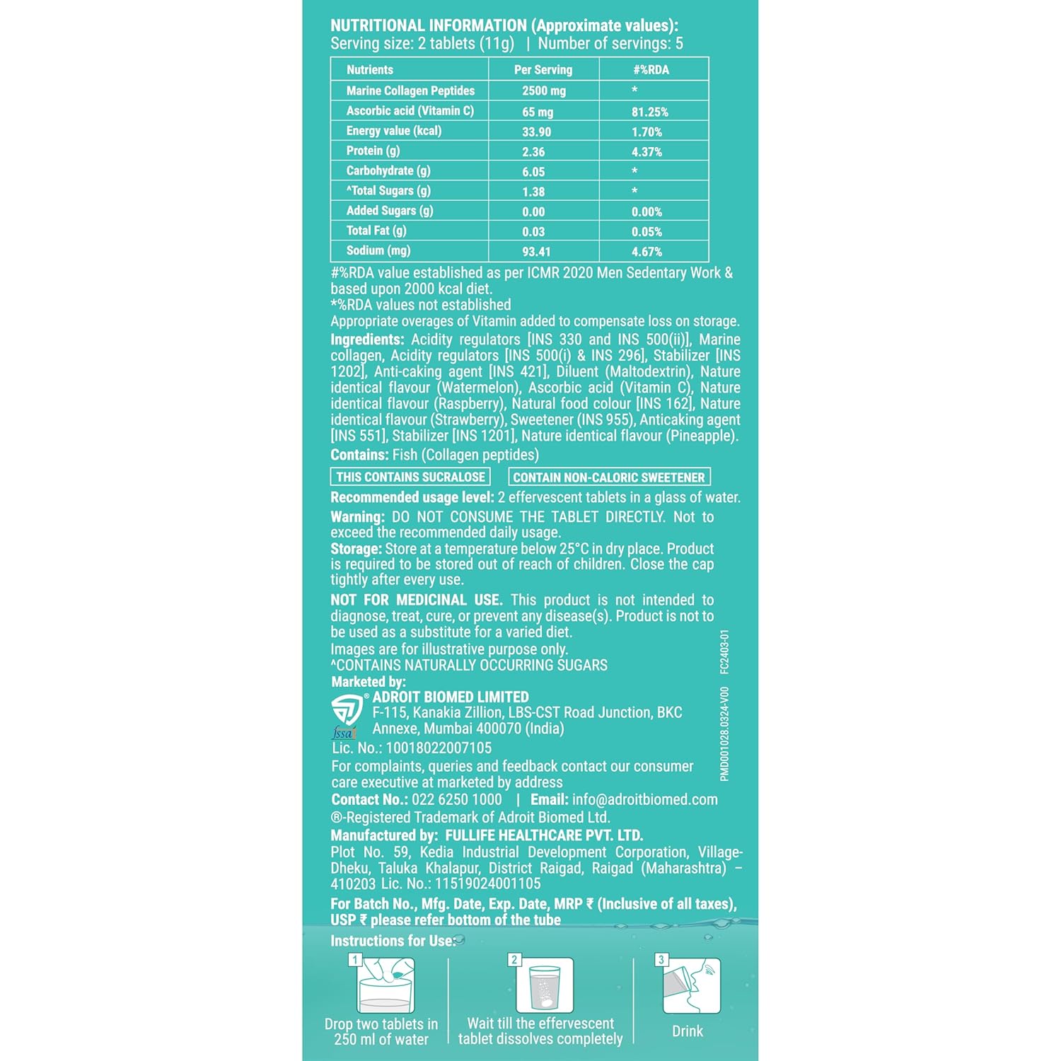 Fortisil C- High Performance Marine Collagen Effervescent Tablets | Vitamin C 65 mg | Skin Firmness & Hydration | 10 Tablets